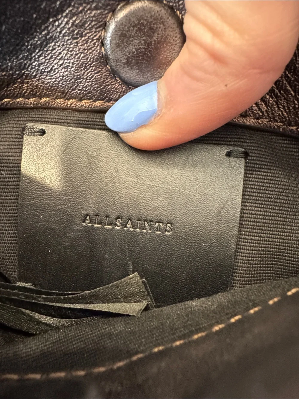 AllSaints Bronze Leather Crossbody Bag with Gunmetal Chain